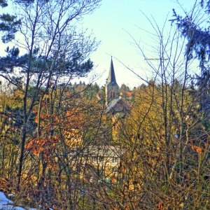 Aussicht auf die alte Kirche von Güntersberge im Harz.