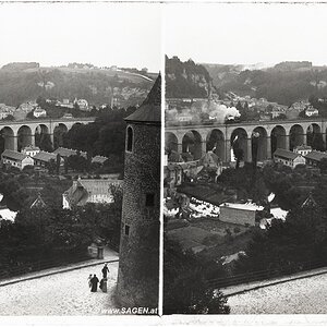 Stereofoto Luxemburg Clausen-Viadukt mit Dampflokomotive