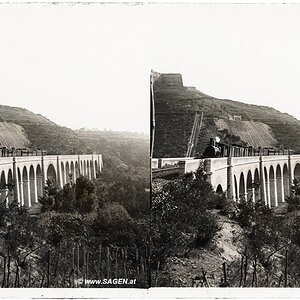 Stereofoto Viadukt mit Dampflokomotive