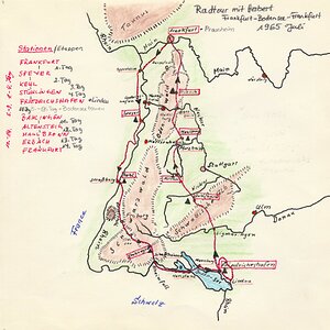 Fahrradtour Karte Frankfurt am Main - Bodensee 1965