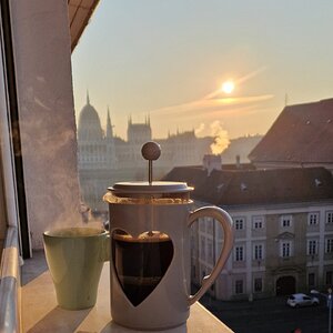 Medium 'Kaffee in Budapest mit Blick auf das Parlament' in der Kategorie 'Ernährung'