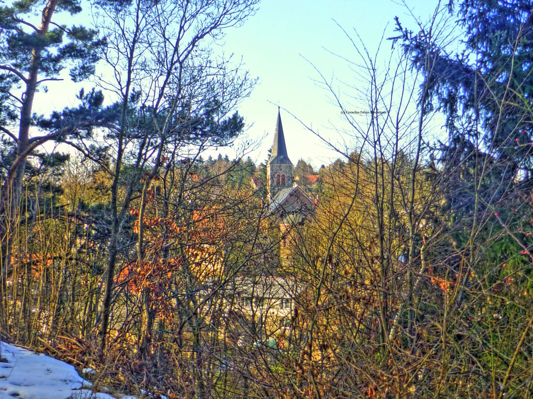 Aussicht auf die alte Kirche von Güntersberge im Harz.