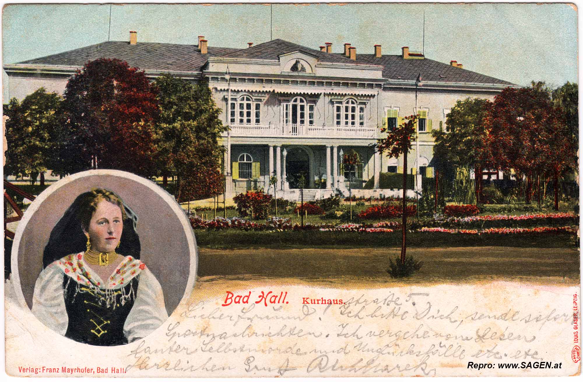 Bad Hall, Kurhaus und Dame in oö.Tracht