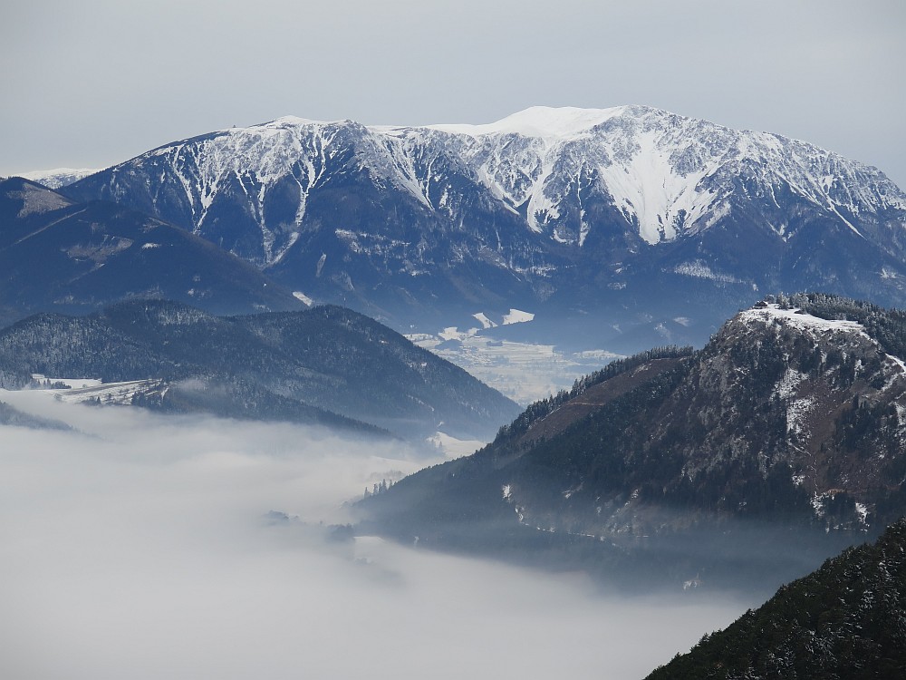 Blick (gezoomt) über das Gelände zum Schneeberg