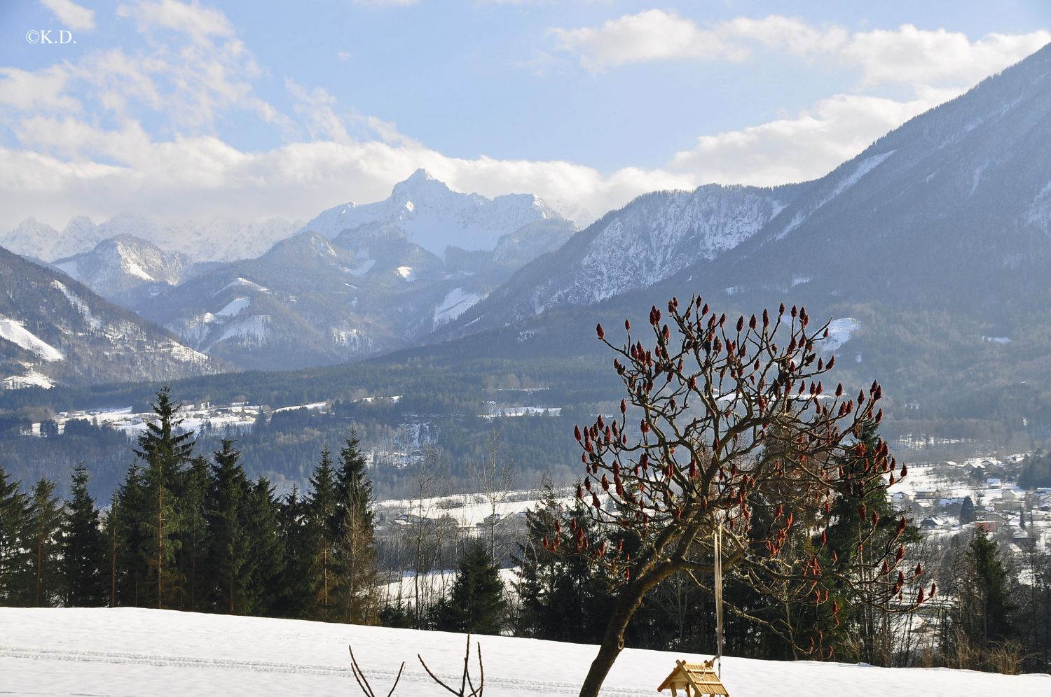 Blick von Ludmannsdorf gegen Süden zu den Karawanken