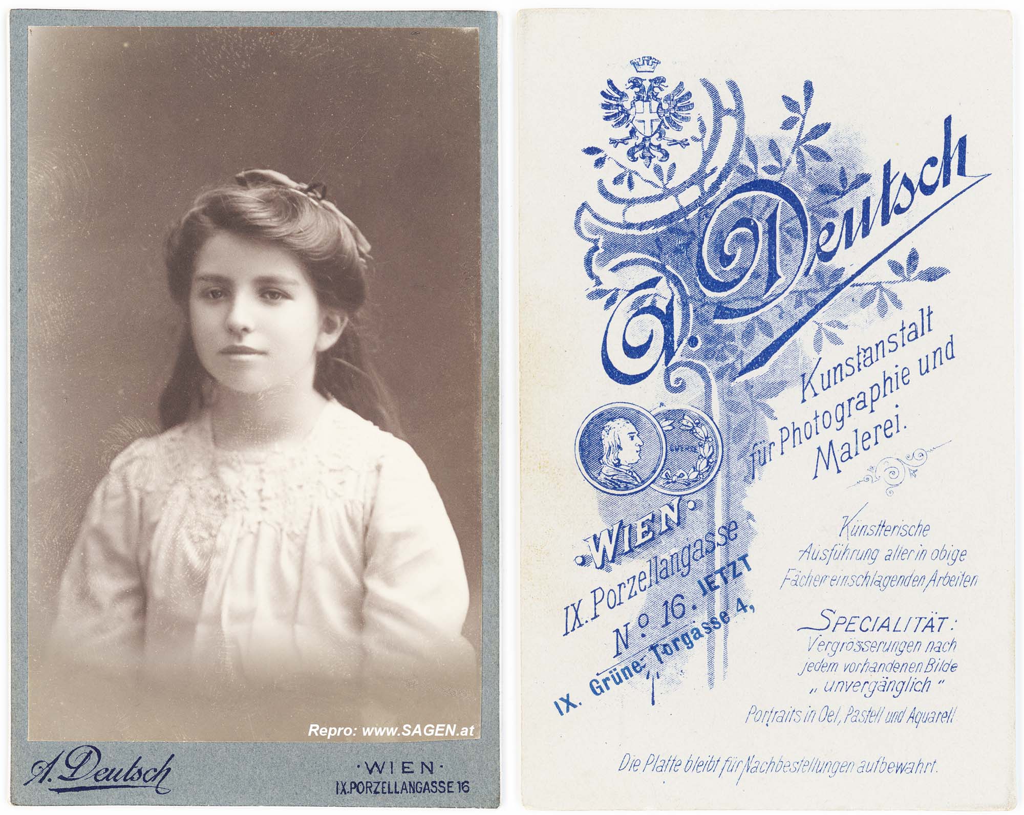 CdV Mädchenporträt, Atelier A. Deutsch, Wien im Jahr 1912