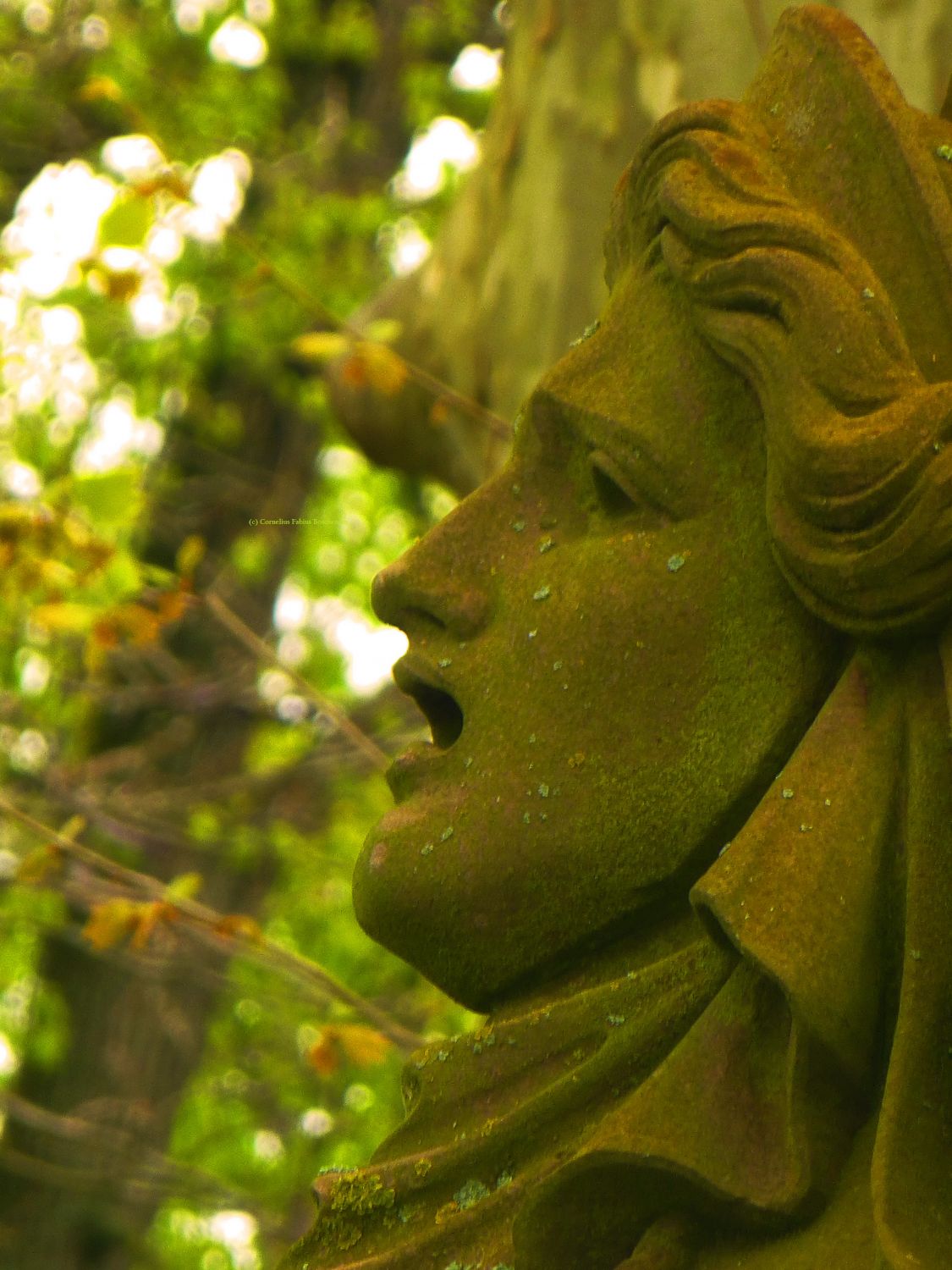 Detail am Schillerdenkmal, eine antikisierende Theatermaske der Tragödie.