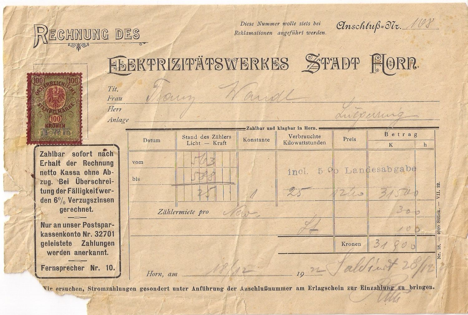 Elektrizitätswerk Horn - Rechnung.