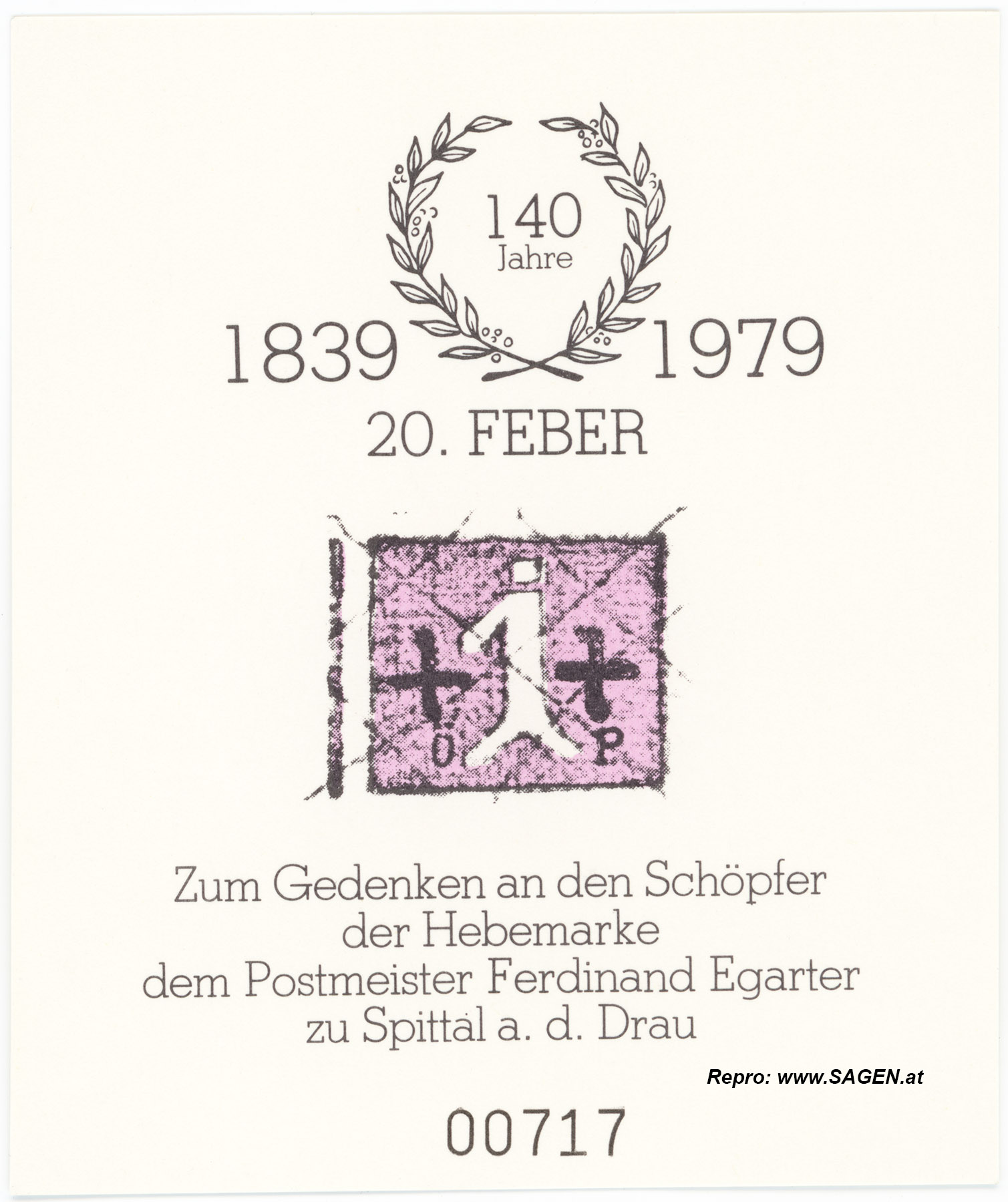 Gedenkblatt Ferdinand Egarter, Erste Briefmarke der Welt, Spittal an der Drau, 20. Februar 1839