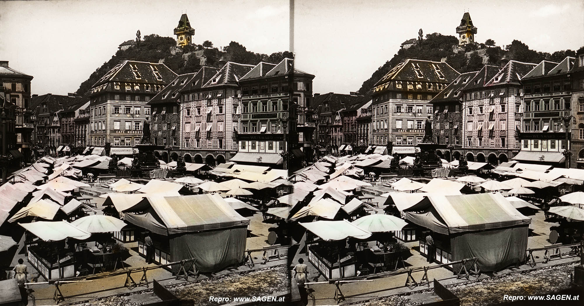 Graz Hauptplatz Markt und Uhrturm, Stereofoto