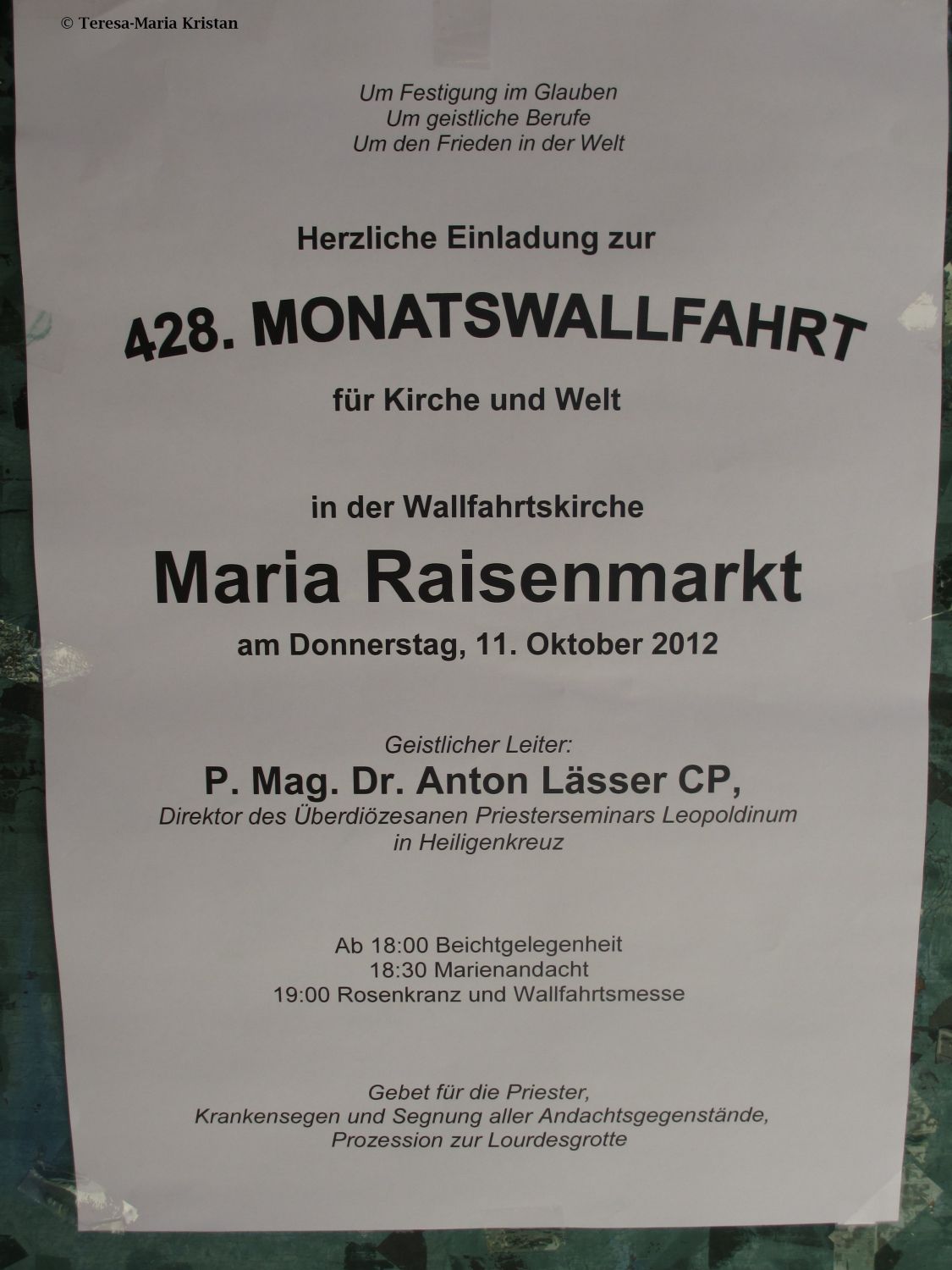 Hinweiszettel Wallfahrtskirche Maria Raisenmarkt