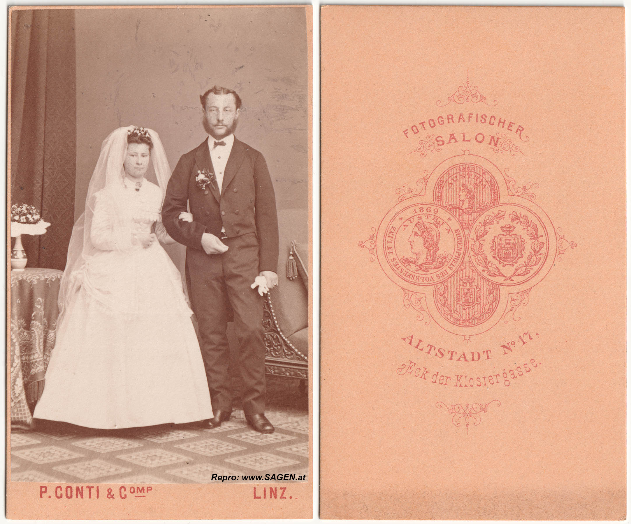 Hochzeitspaar im Atelier P. Conti & Comp in Linz im Jahr 1869