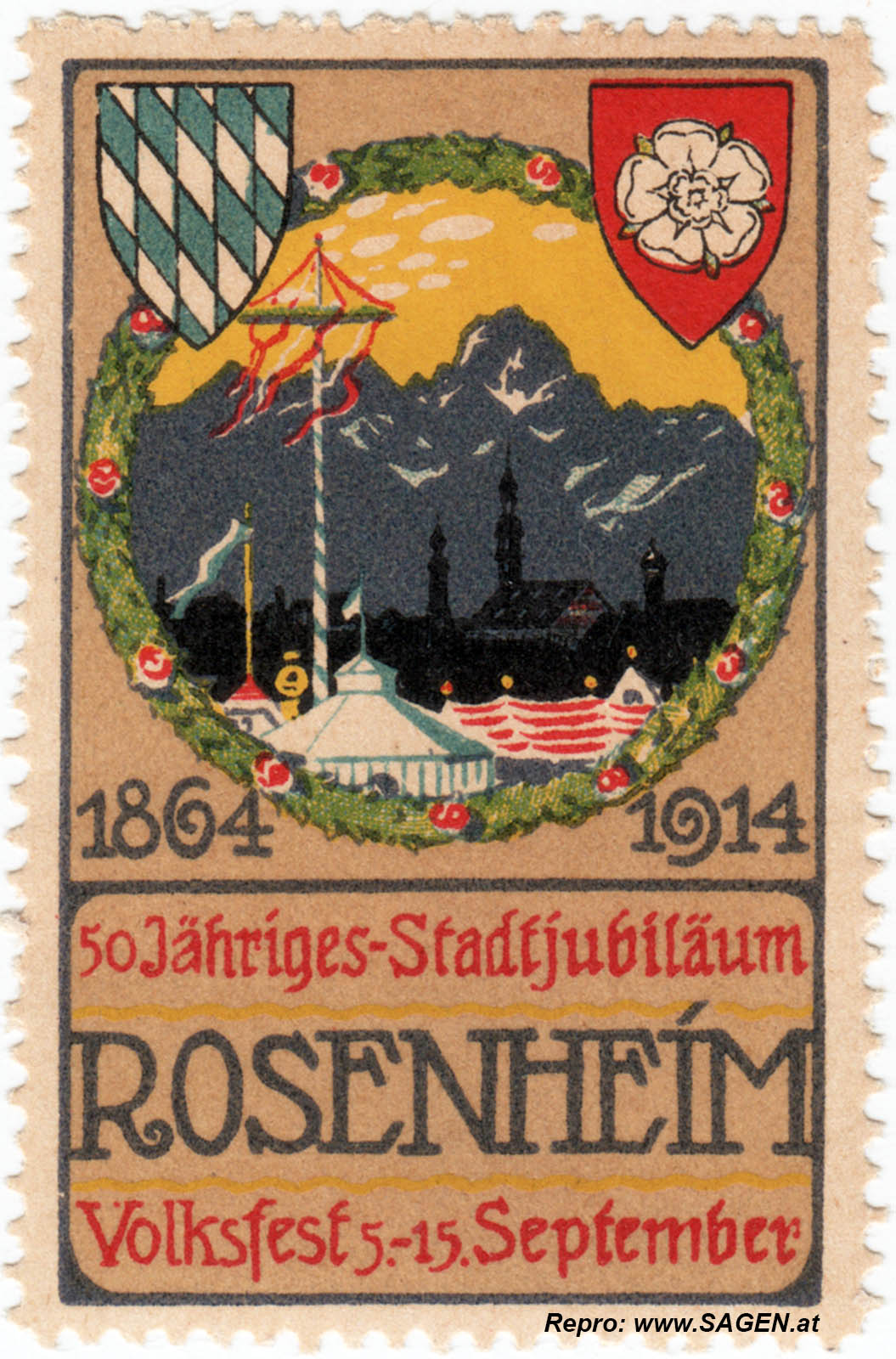 Reklamemarke 50 jähriges Stadtjubiläum Rosenheim