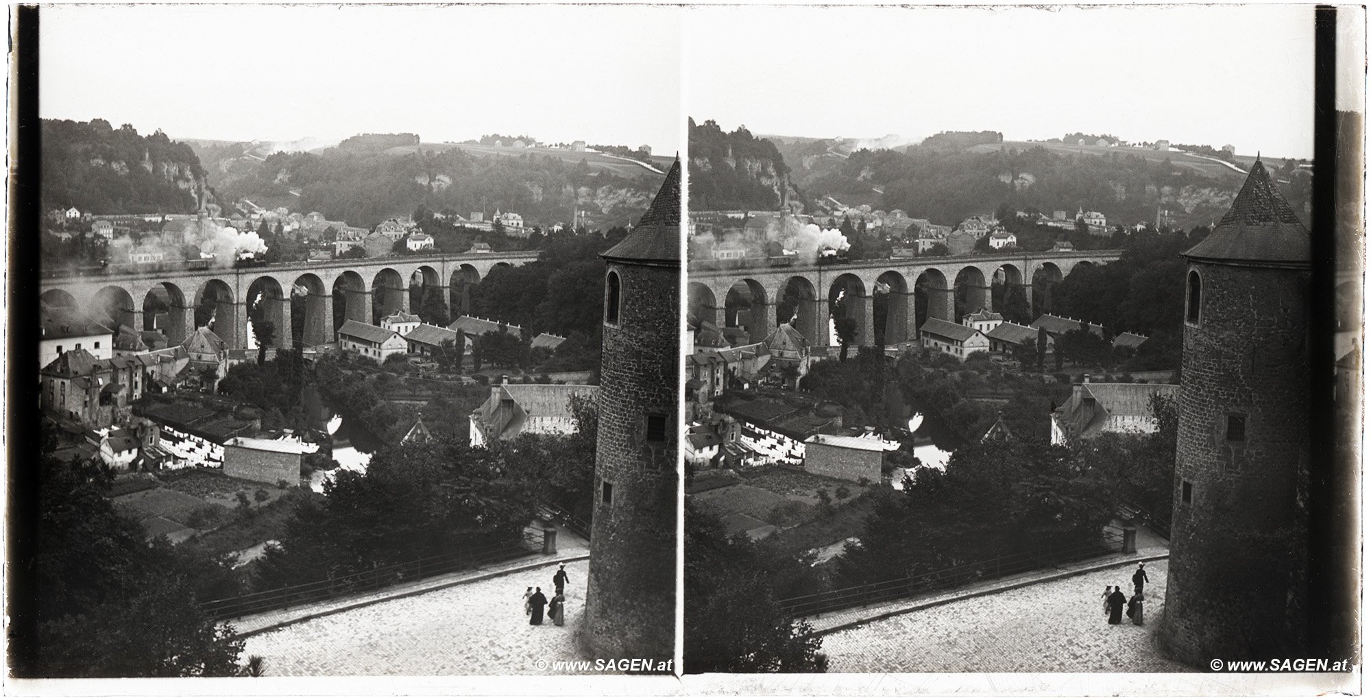 Stereofoto Luxemburg Clausen-Viadukt mit Dampflokomotive