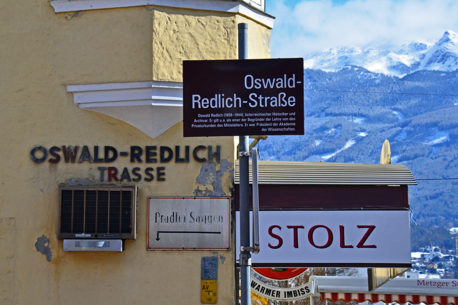 Strassenschilder, Innsbruck, Pradler Saggen, Oswald Redlich