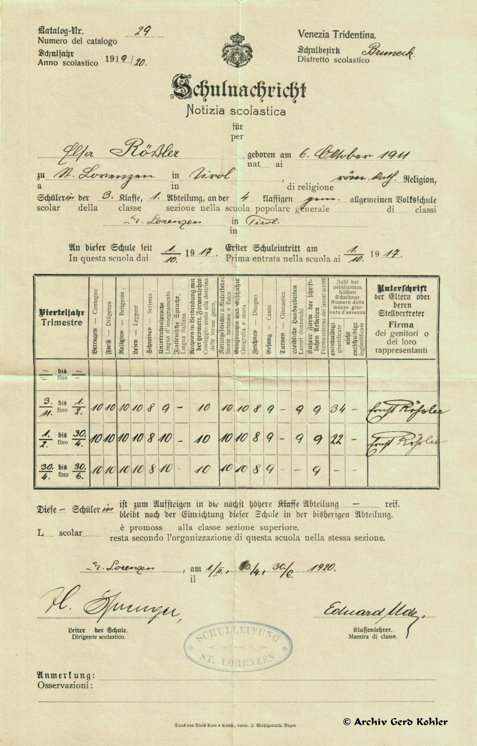 Zeugnisse Südtirol 1919/20